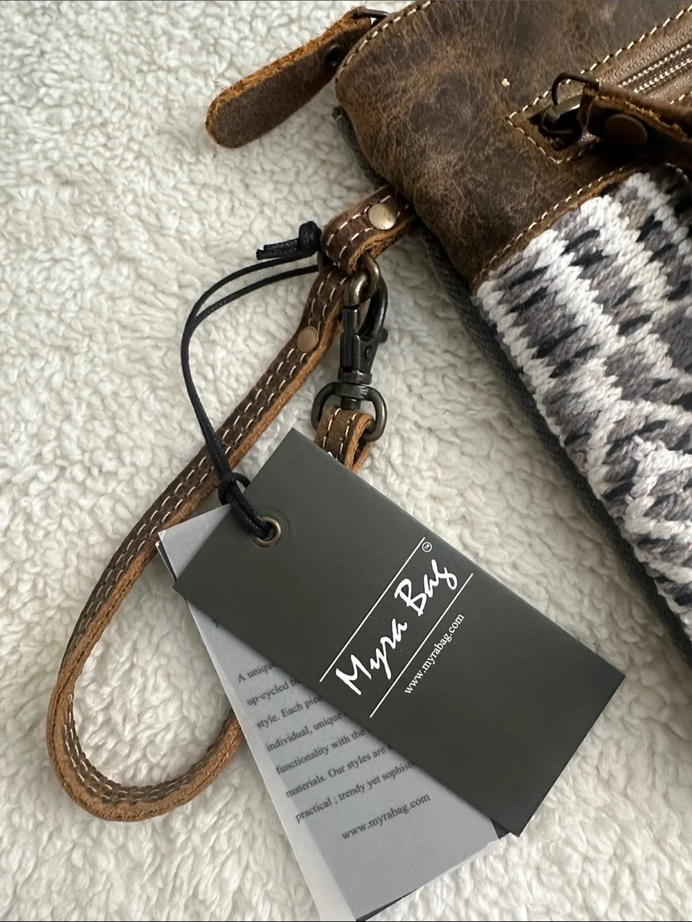 Myra Bag Upcycled Brown Leather Wristlet Clutch Neutral Woven Tapestry Boho
